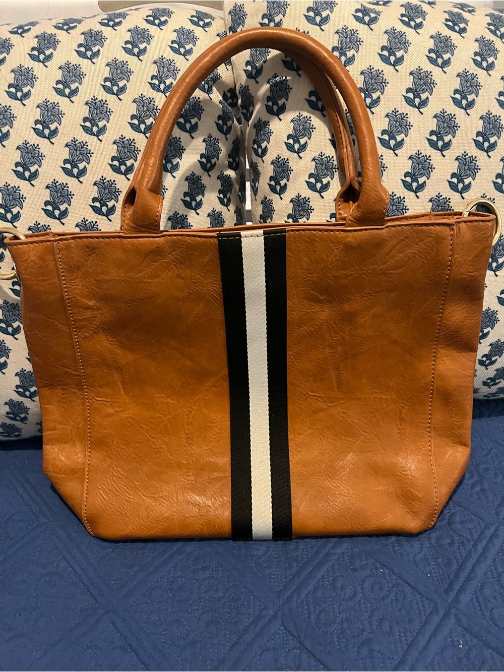 Structured Tan Tote with Black & White Center Stripe